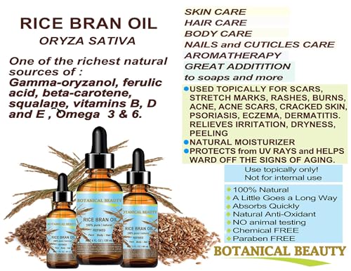 Botanical Beauty RICE BRAN OIL 100% Pure Natural Refined Undiluted Cold Pressed Carrier Oil for Face, Skin, Body, Hair, Massage, Nails. 1 Fl. oz - 30 ml