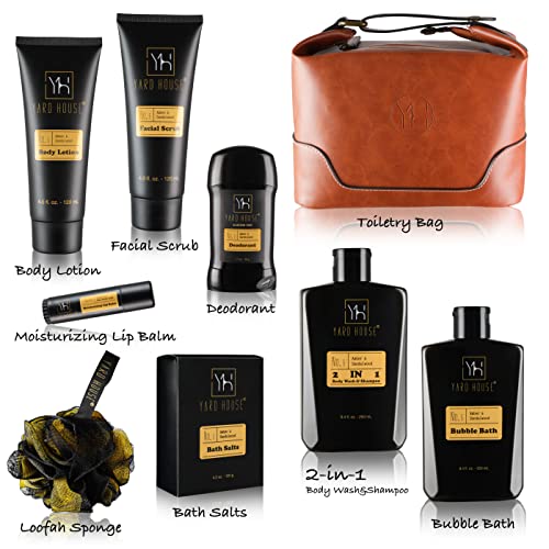 Bath and Body Gift Set for Men - Sandalwood Amber - Birthday, Christmas, Fathers Day Gifts From Wife Daughter Son for Husband, Dad - Relax Spa Kit w. Full Size Items in Deluxe Toiletry Bag