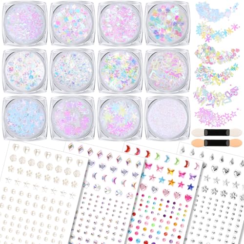Teenitor Body Glitter Gel & Face Gems Stickers Set – 12 Pots