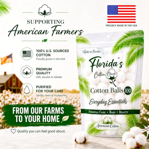 Pure USA Cotton Balls (100 Count) - Soft & Absorbent for Beauty & First Aid