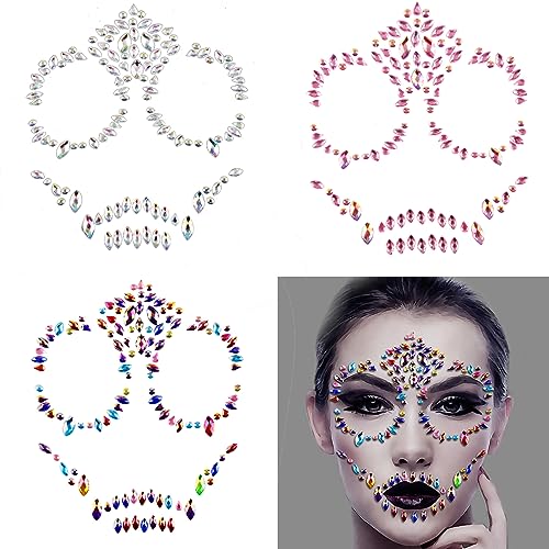 3Pack Sugar Skull Face Gems Jewels Day of the Dead Face Temporary Tattoo Glitter Rhinestone Stickers for Makeup Skeleton Face Gems for Halloween Party Festival Accessory and Nail Art Decorations