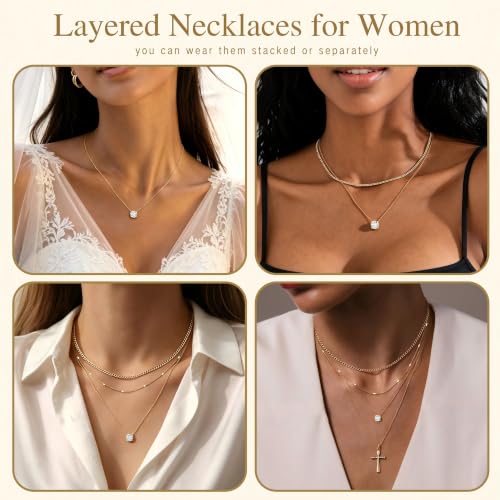 WomenGifts Gold Layered Necklace Set with Cubic Zirconia 14K Silver Plated Pendant Jewelry