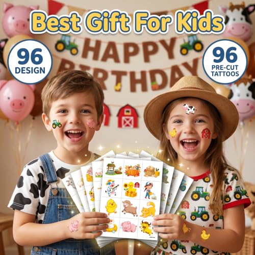 96 Farm Temporary Tattoos for Kids - Pre-Cut Barnyard