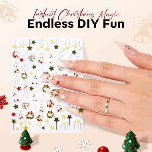modelones Christmas Nail Stickers 3D Self-Adhesive nail decals Christmas Tree, Snowflakes, Santa Claus, Reindeer & Snowman, Winter Holiday Christmas DIY Nail Stickers for Women & Kids 5Pcs