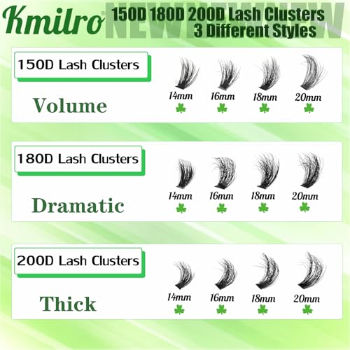 Kmilro Lash Clusters 14-20mm Volume Cluster Eyelash Extensions Thick Eyelash Clusters 480pcs Waterproof Wispy Individual Lashes Soft False Eyelashes DIY Lash Extension (150D+180D+200D)