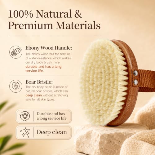 Dry Brushing Body Brush with Pure Boar Bristles & Ebony Wood