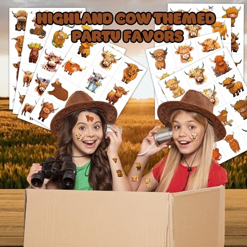 96PCS Highland Cow Print Pre Cut Temporary Tattoos Themed Birthday Party Decorations Decor Supplies Favors Animal Brown Cattle Tattoo Stickers Gifts For Game Boys Girls Classroom School Prizes
