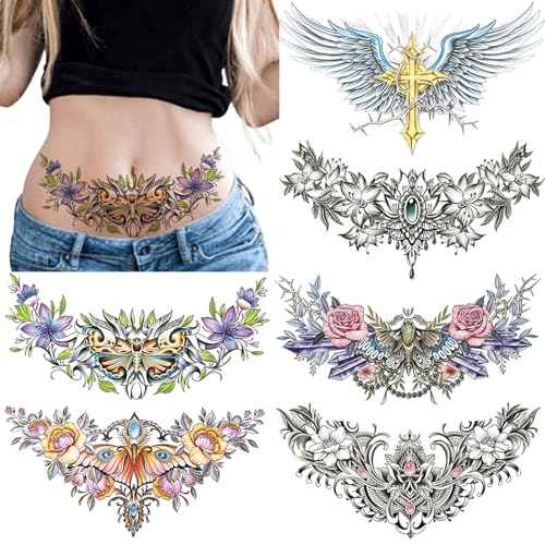 POSTA 6 Sheets Chest Large Temporary Tattoo for Women, Abdomen Waist Back Fake Tattoos for Adults, Realistic Moth Flowers Tattoo Stickers, Body Scar Cover Belly Tattoos