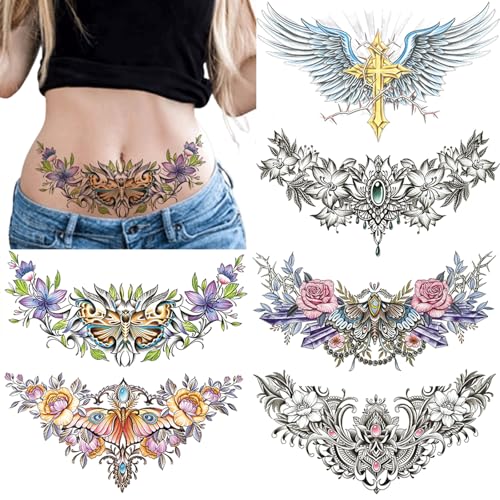 6 Sheet Temporary Tattoo Stickers - Moth Flowers Large Size
