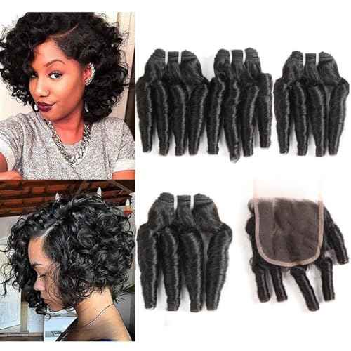 Molefi Brazilian Funmi Hair Curly Weave 4 Bundles with Lace Closure burmese curly bundles human hair with 4x4 Closure 100% Human Hair Extensions 50g/pc Natural Black (8 8 8 8 +8)