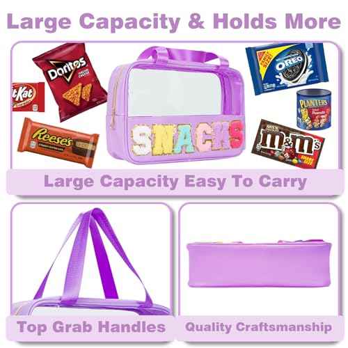 Snack Bags Chenille Letter Patch Clear Bag for Travel, Preppy Cosmetic Bag Snack pouch with Zipper, Toiletry Bag for Traveling Women, Clear Travel Bags for Toiletries (Deep Purple)