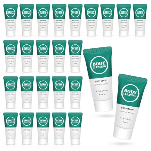 Travel Size Body Wash, Mini Shower Gel Set, 20 ml Individually Wrapped Bulk Trial Sample Small Single Use Toiletries Amenities Kit for Men & Women for Hotel/Camping/Homeless 0.7 Fl Oz (Pack of 60)