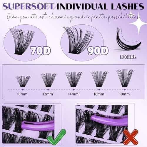B&Q Volume Lash Clusters 70D+90D, Supersoft Eyelash Clusters 10-18mm, D Curl Cluster Eyelash Extensions, Wispy Cat Eye Lashes Fluffier Individual Lashes for Beginners£¨70D+90D£©