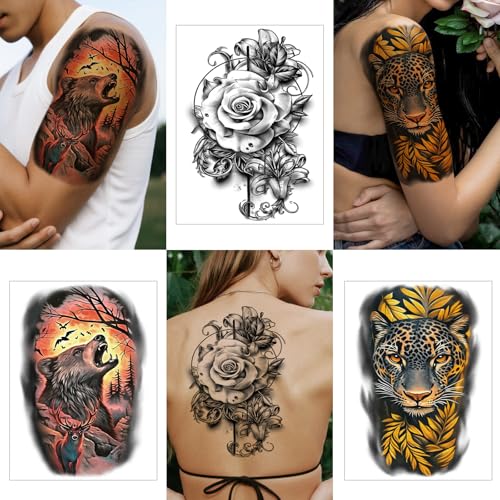Large Temporary Tattoo for Adults and Kids, 36 Sheets Half Arm and Small Tattoos for Men and Women, Animal Flower Fake Tattoo with Lions and Tigers Designs
