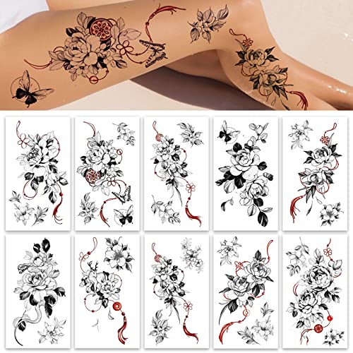 Roarhowl Large and exquisitely fake tattoo,oriental elements of big flowers, temporary tattoos for women sexy 10 designs