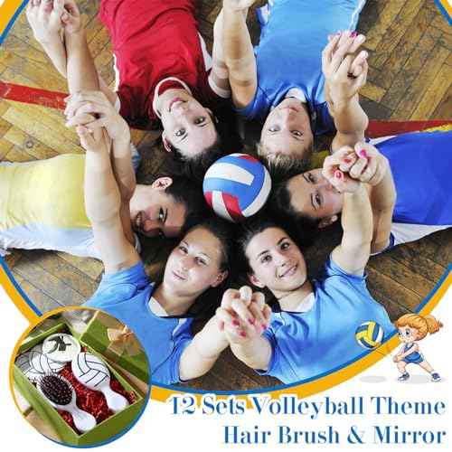 24 Pcs Volleyball Gifts for Team Bulk Include 12 Volleyball Air Cushion Hair Brush and 12 2.76 Inch Compact Mirror Round Makeup Mirror for Girl Player
