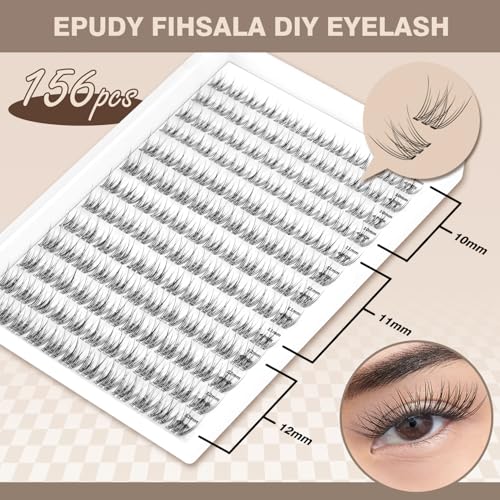 Self Adhesive Lash Clusters No-Stem 10-12mm Short Lash Clusters 156pcs Clear Invisible Band Pre Glued DIY Eyelashes Natural Soft Wispy C-Curl Individual Eyelash Extensions with Tweezers EPUDY FIHSALA