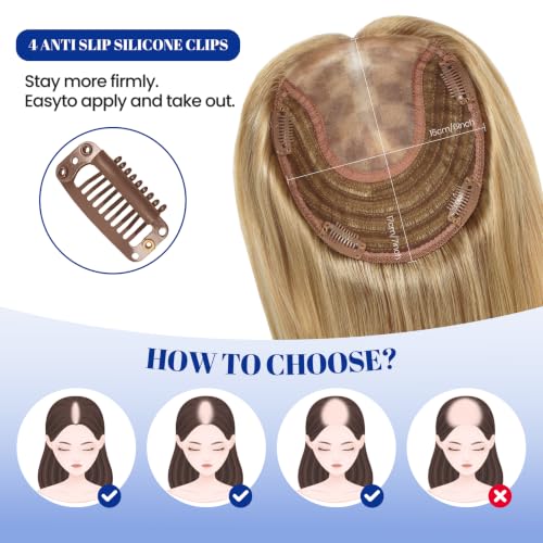 WORLDSTAR Human Hair Topper for Women 12 Inch Golden Brown to Caramel Blonde Balayage - 55g, Natural Look, Easy Wear