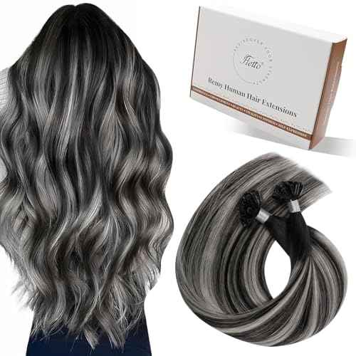 Hetto U Tip Hair Extensions Human Hair Black Ombre Ktip Human Hair Extensions Balayage Black to Silver Grey K Tips Hair Extensions Human Hair 18 Inch 50g 50s