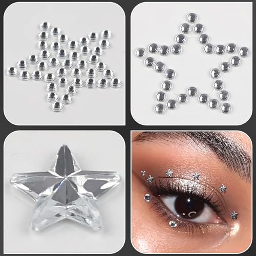 Silver Star Face Gems Rhinestone Tattoo Stickers - 6 Sheets