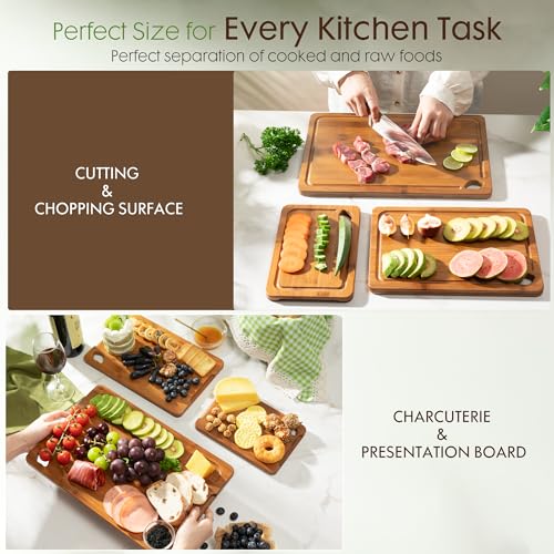 Astercook Bamboo Cutting Board Set with Storage Stand & Juice Grooves