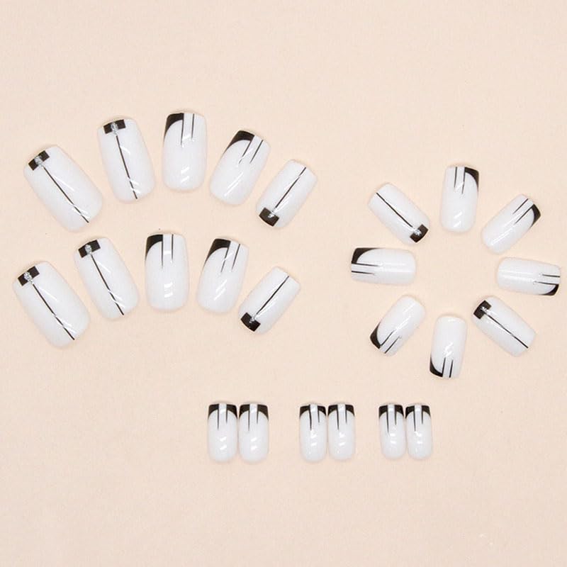 BAOYAALIN White Press on Nails Short Medium Square Fake Nails with Simple Fashion Black Design, Press ons Artificial Acrylic Full Cover False Stick on Nail for Women Girls Daily Wear Wedding 24Pcs