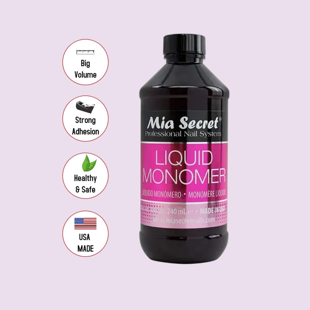 Mia Secret Acrylic Liquid Monomer 8 Oz. White Dappen Dish with Soft Wooden Cap and Dropper - Strong Adhesion, Non-Yellowing formula, MMA Free, Use for Young or Old Nails,