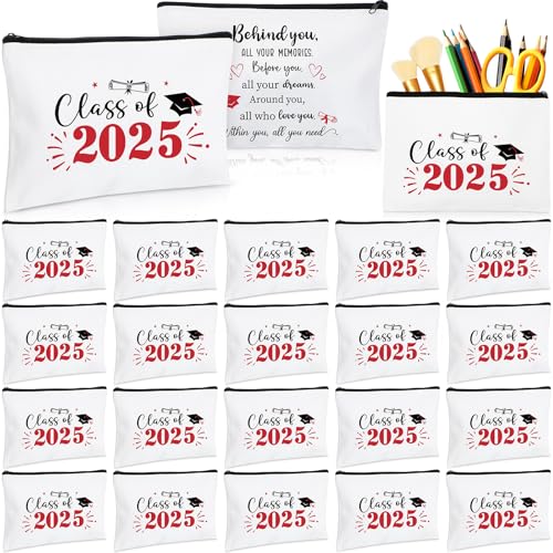 Meanplan 20 Pcs Graduation Gift Bulk Class of 2025, Canvas Makeup Bag Graduation Party Favors Inspirational Cosmetic Pouch Thank You for Guest Her Women Teacher Student Christmas(Red)