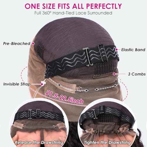 Pizazz Hidden Strap 360 Full Lace Frontal Wigs Human Hair Pre Plucked Pre Bleached 180 Density Glueless Water Wave Human Hair Wigs with Drawstring (Black, 22 Inch)