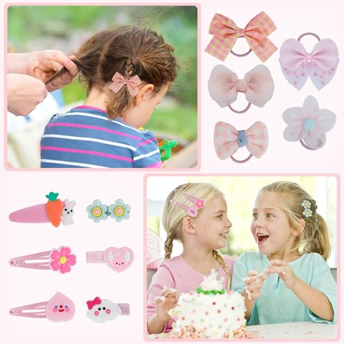 Unaone Hair Accessories Set for Kids - 10 PCS Cute Hair Ties and 14 PCS Cartoon Hair Clips, Flower Rainbow Hair Pins Barrettes Elastic Hair Bands Ponytail Holders Set for Thick Hair & Thin (24 Pieces)