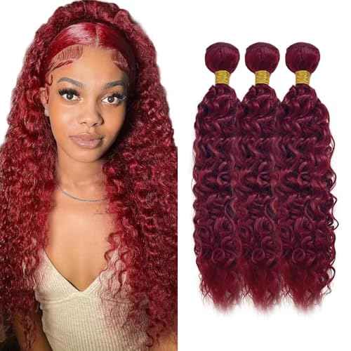 Augfst Brazilian Virgin Human Hair Bundles Burgundy 99J Water Wave Curly Human Hair Bundles 10 12 14 inch Unprocessed Brazilian Wine Red Quick Weave Hair for Black Women