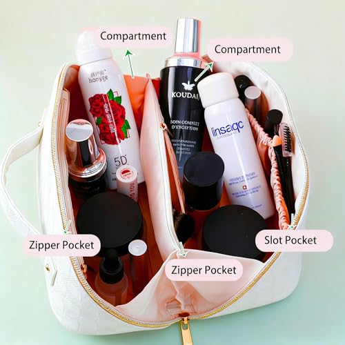 Cosmetic Bag,Travel Makeup Bag, Large Capacity Cosmetic Bags for Women, Waterproof Portable Open Flat Toiletry Bags,Makeup Organizer Bag with Divider and Handle, Cosmetic Pouch Gifts for Women (White)
