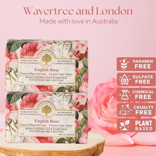 Wavertree & London English Rose Scented Natural Soap Bars for Women & Men (2 x 7oz) ? Moisturizing Triple-Milled Soap Bars Enriched with Shea Butter ? Plant-Based Bath & Body Bar for All Skin Types