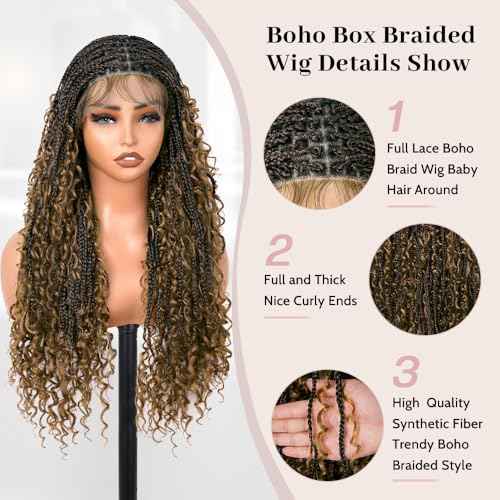Boho Box Braided Wigs for Black Women Glueless Double Full Lace Human Hair Blended Lightweight Hand Braid Wig with Baby Hair (4-#27, 30 In)