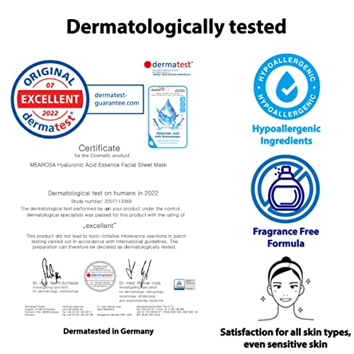 MEAROSA* Dermatologically tested, 8.5% Hyaluronic Acid, Niacinamide, Vitamin E Vegan Formula Essence facial sheet masks Premium Quality Sensitive Skin [6Sheets]