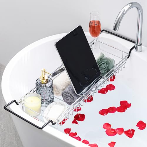 Expandable Bathtub Caddy Tray with Tablet Holder | 304 Stainless Steel