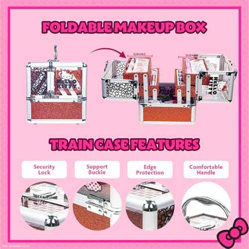 Hello Kitty Train Case Cosmetic Makeup Set Includes Lip Gloss, Eye Shimmer, Nail Polish, Hair Accessories & More! For Girls, Ages 6+ Perfect for Parties & Makeovers by Townley Girl