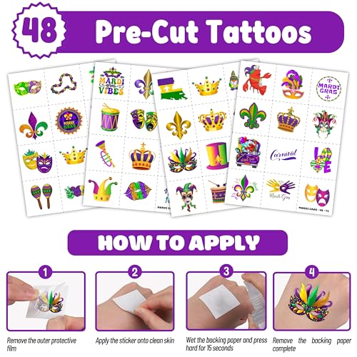 72-Piece Mardi Gras Party Favors - Tattoos & Slap Bracelets