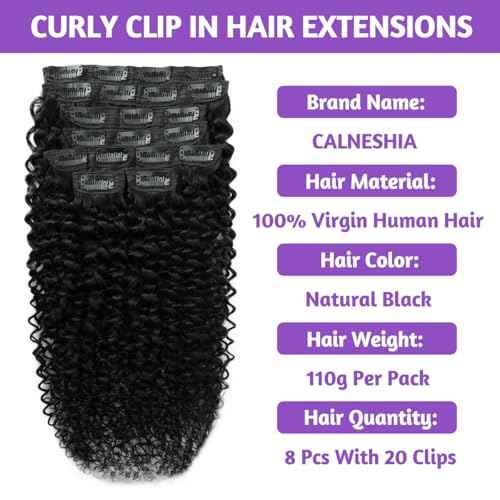 3C 4A Curly Clip In Hair Extensions Real Human Hair 20 Inch 110g 8pcs Kinky Curly Clip Ins Full Head for Black Women 100% Brazilian Remy Human Hair Extensions Natural Color with 20 Clips
