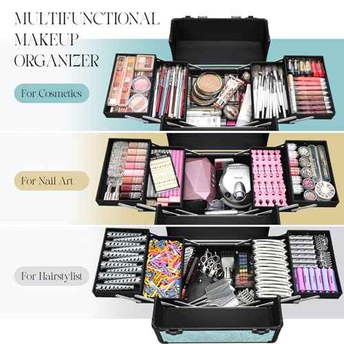 Rolling Makeup Case, 4 in 1 Makeup Case on Wheels, Professional Makeup Trolley, Cosmetic Train Case Makeup Cart Travel Trolley with Key for MUA, Hairstylists, Nail Tech, Turquoise Vitality