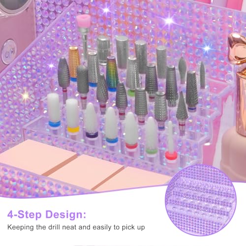 ANRUI Nail Drill Bit Holder, 28 Holes Plastic Nail Drill Machine & Bits Storage Case, Professional Nail Desk Organizer for Manicure Tools Gift for Women and Girls- Diamond Purple