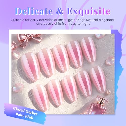 evpct Baby Pink Glazed Almond Short Press-On Nails with Ombre Design