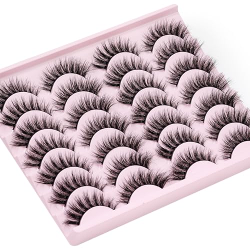 False Lashes with Glue Set Fake Eyelashes with Glue Kit Clear Band 3D Faux Mink Strips Lashes Fluffy Wispy Natural Look 14mm Cat Eye Bulk Pack by EMEDA (14 Pairs LH04)