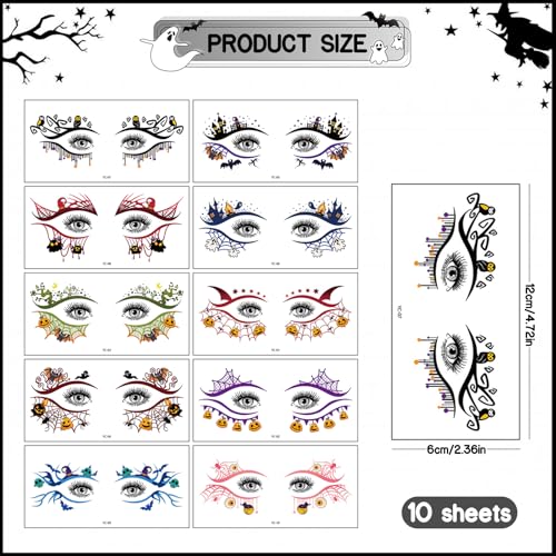 10 Pcs Halloween Eye Tattoos,Colourful Spider Web and Bat Design Eye Tattoos Temporary,Waterproof Sweatproof Day of the Dead Makeup, Halloween Temporary Tattoo for Women Men Party Cosplay