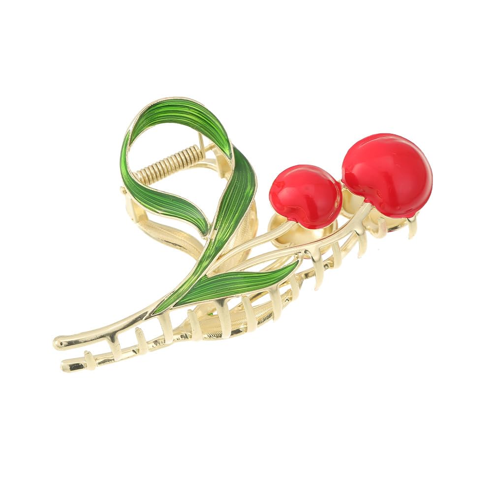 Cherry Metal Hair Claw Clips Large Metal Hair Claw Clips Strong Hold Hair Jaw Clips Cute Red Cherry Green Leaves Hair Claw Strong Hold Hair Jaw Clips Nonslip Hair Catch Clip for Women and Girls 1Pcs