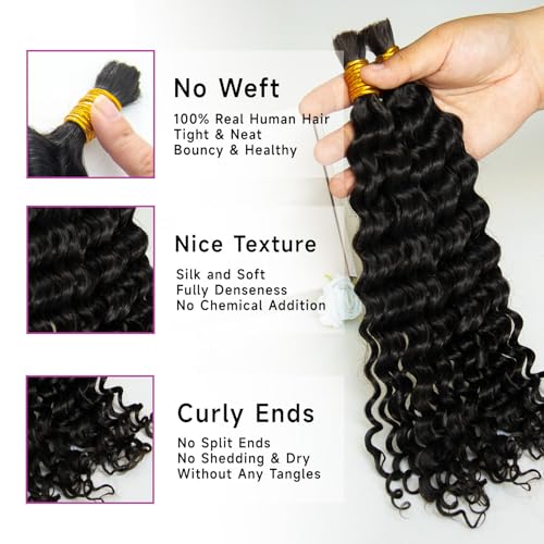 Human Braiding Hair for Boho Braids, 12A Boho Hair for Braiding Knotless Curly Natural Black 20 Inch 100g Unprocessed Brazilian Virgin Human Hair Bulk Tangle-Free Deep Wave Bohemian Braid
