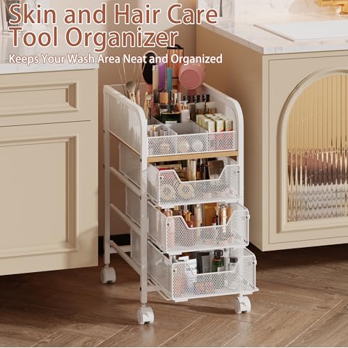 Rolling Makeup Cart Organizer with 3 Drawers, 4-Tier Narrow Floor Skincare Organizers with dividers, Vanity Organizer Cosmetics Display Cases for Makeup Brush, Hair Tool, White