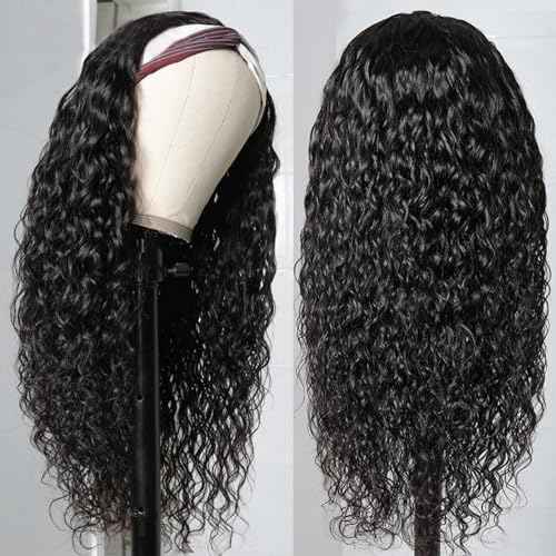 haha Water Wave Headband Wig Human Hair Curly Headband Wigs None Lace Front Wig Wet and Wavy Brazilian Virgin Human Hair Glueless Wig Easy to Wear Half Wig 150% Density 20 Inch 150% Density