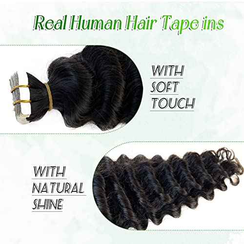 Tape in Hair Extensions Human Hair Deep Wave 26 Inch Black Hair Extensions Real Remy Human Hair Curly Tape ins for Black Women,20pcs Double Sided Invisible Tape Hair Extension 50g/pack