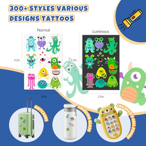 Temporary Tattoo for Kids, 300+ Pcs Glow in the Dark Tattoos Kids Stickers, Luminous Party Supplies with Car/Dinosaur/Space/Butterfly Favors for Boys Girls